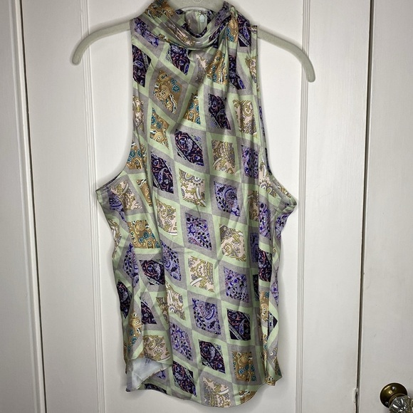 CINQ A SEPT Sleeveless High Neck Paisley Print Top Size Large Green / Purple - Picture 4 of 7